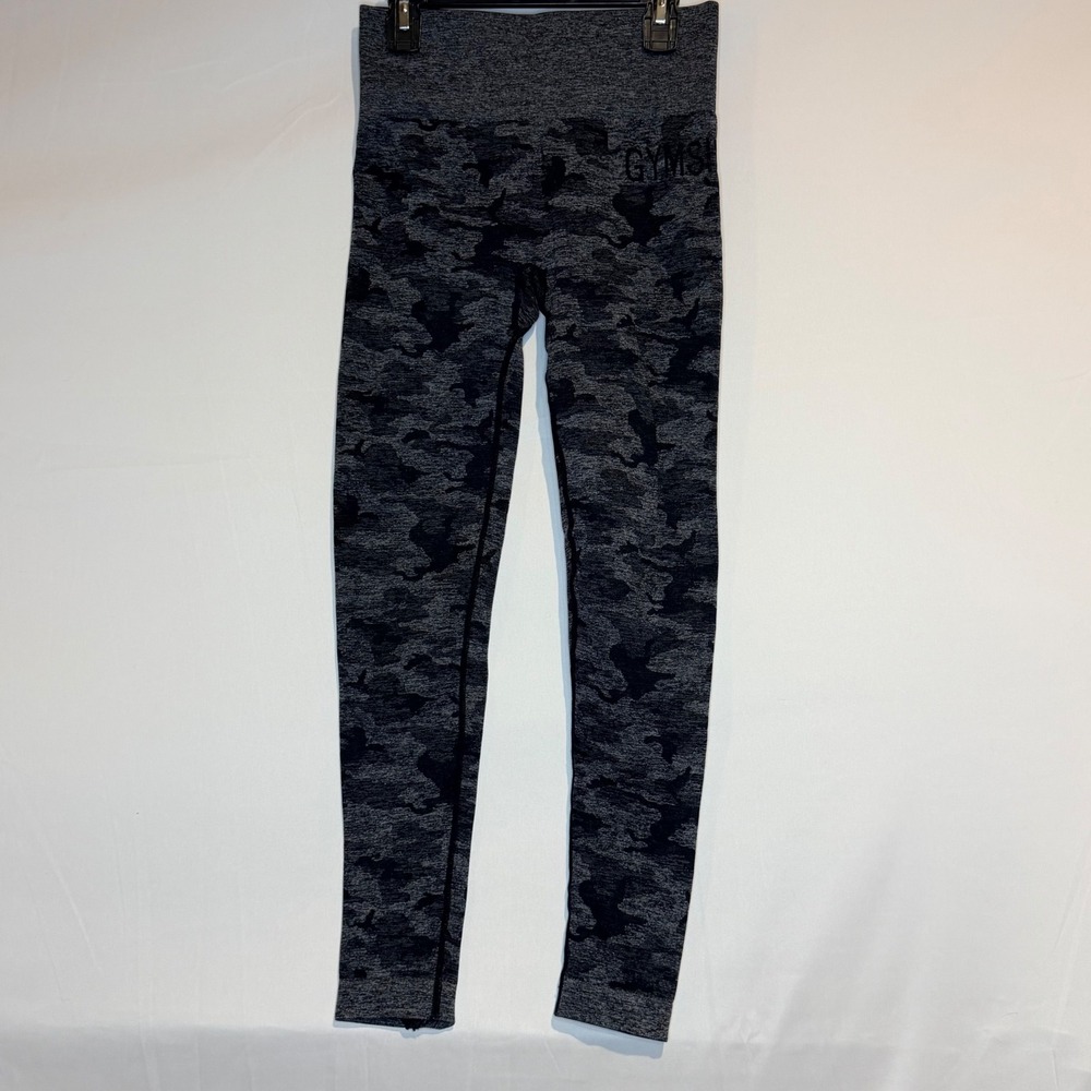 Gymshark Adapt Camo Seamless Leggings Black Grey High Waisted Ruched Back Small